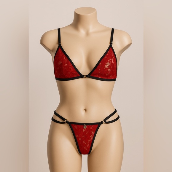 Red & Black Lace Strappy Bralette & Thong Lingerie Set – One Size - Picture 2 of 6